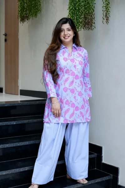 Soft Pink Chinnon Silk Farsi Suit with Mirror Work